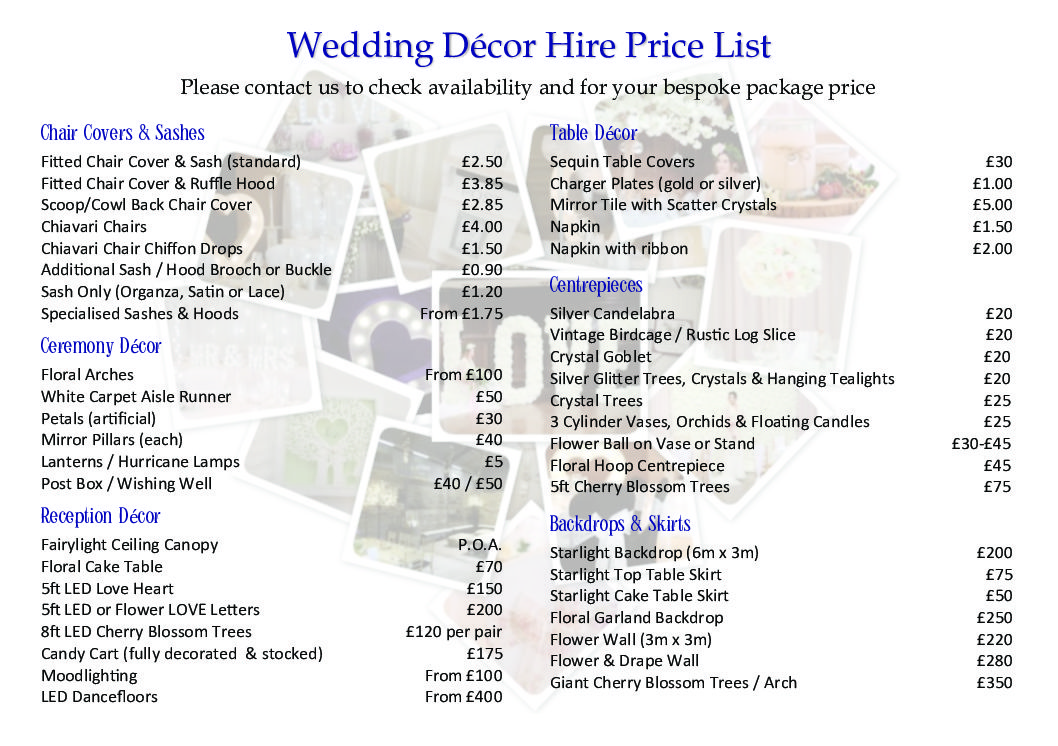 Venue Décor Pricelist Purple Willow Weddings