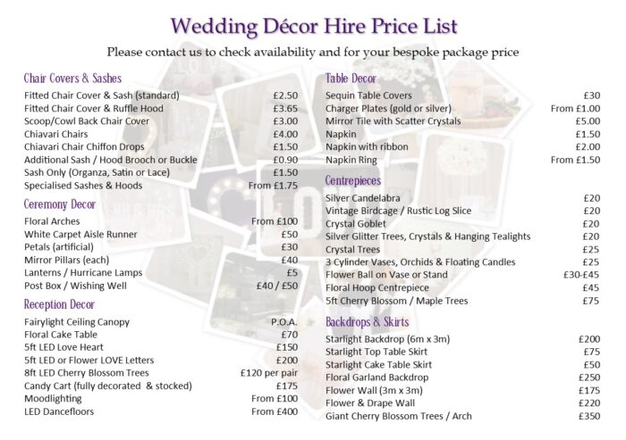 Venue Décor Pricelist - Purple Willow Weddings