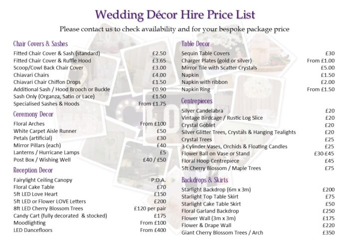 Venue D cor Pricelist Purple Willow Weddings
