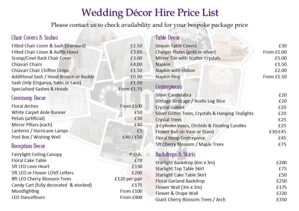 Venue D cor Pricelist Purple Willow Weddings